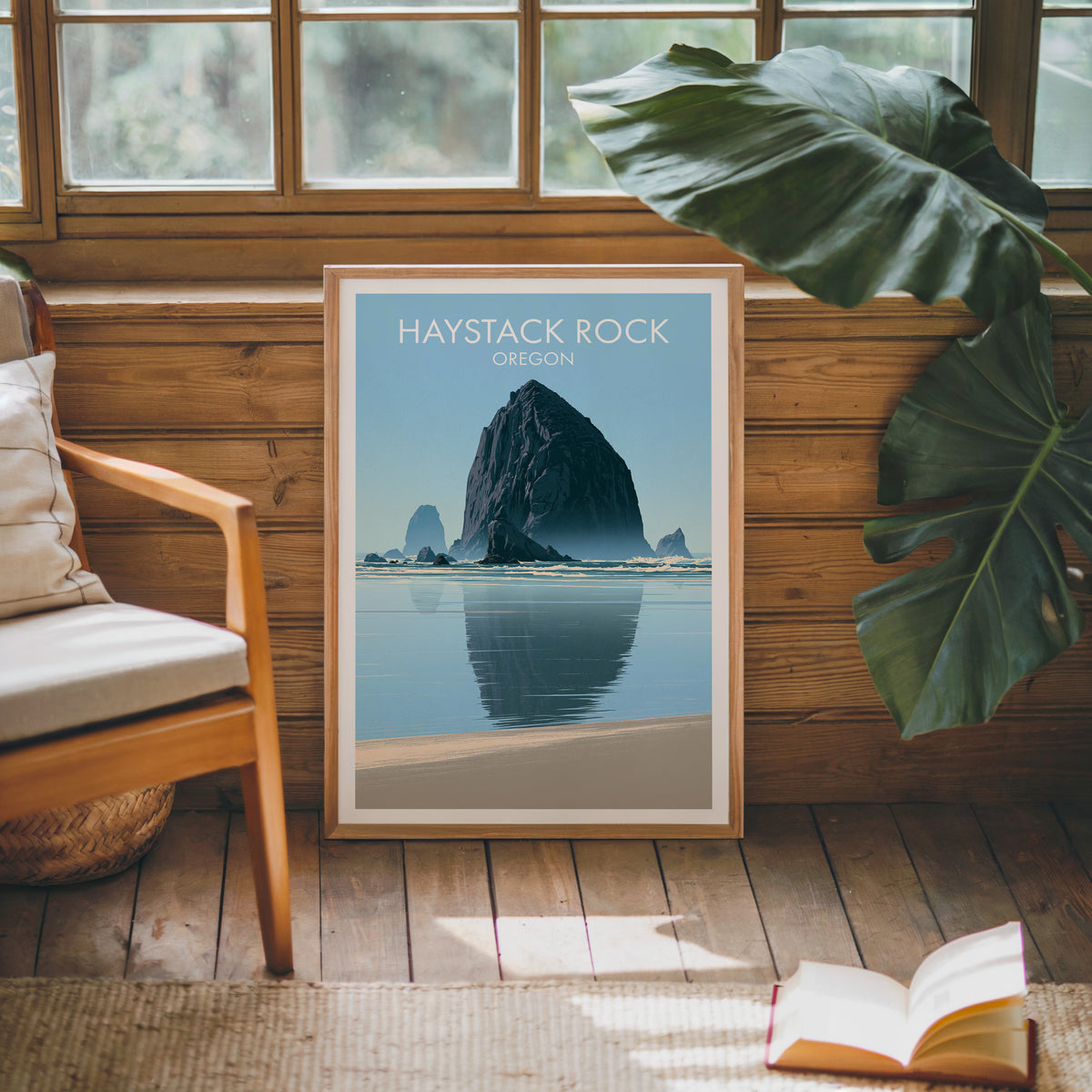 Basalt monolith print framed in oak against sunroom wood panelling, mid-century armchair and monstera leaves