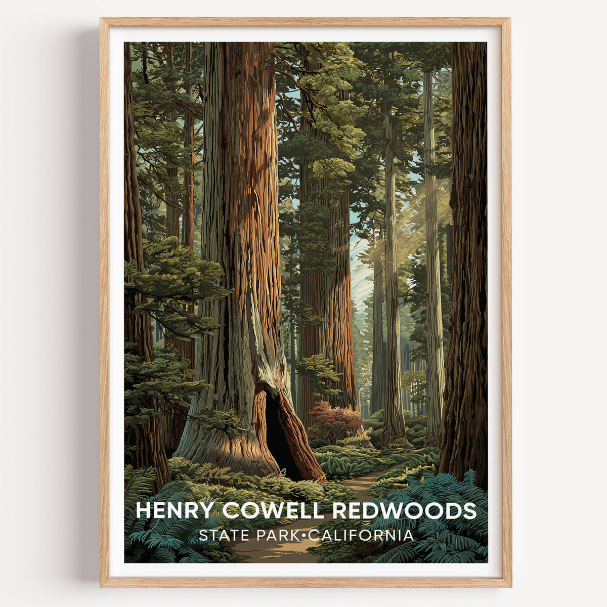 Henry Cowell Redwoods travel poster in an oak frame on a plain white wall