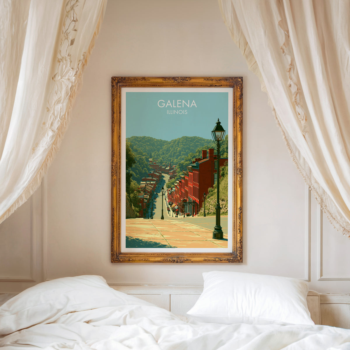 Galena canvas print in a carved gold frame above a white headboard with linen canopy drapes