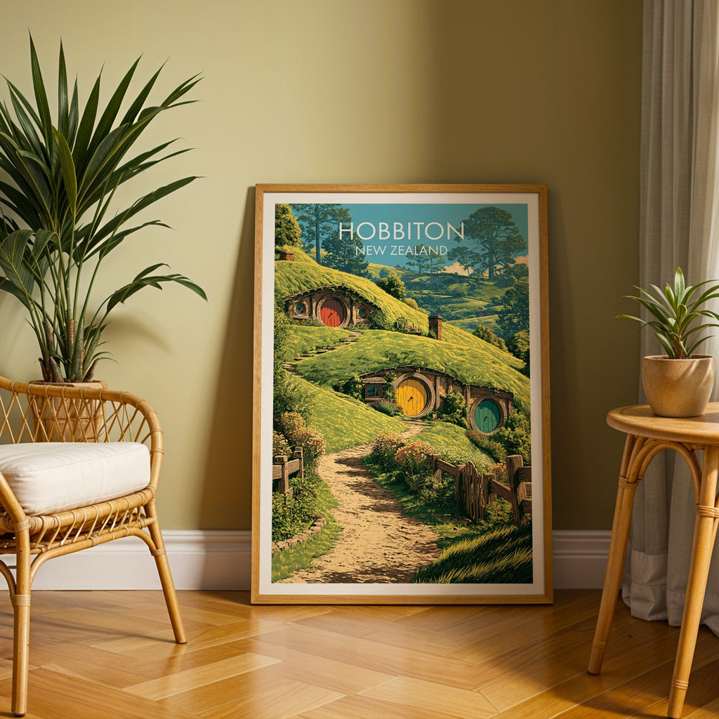 Grassy bank and round doors poster in an oak frame on herringbone parquet by an olive wall and rattan chair