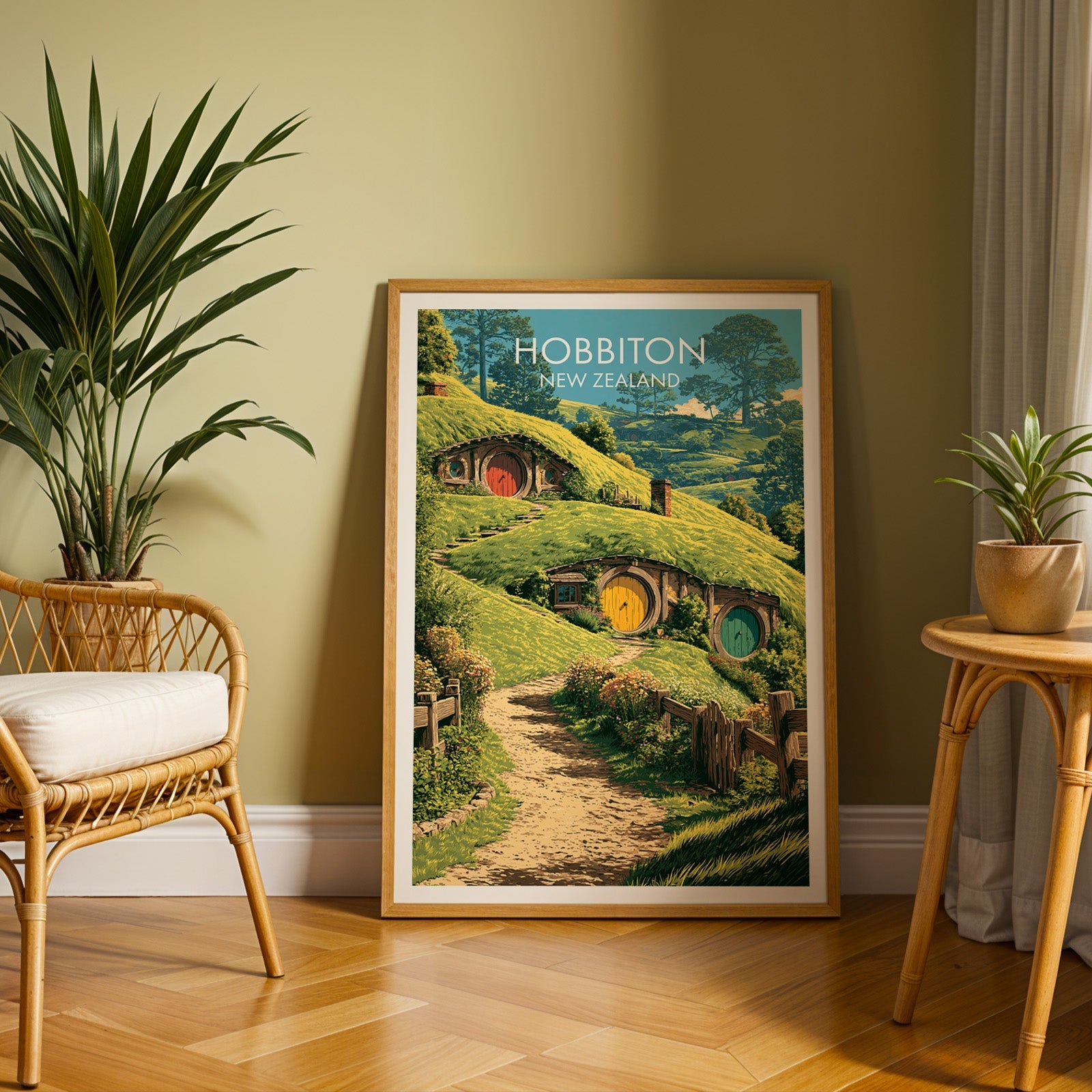 Grassy bank and round doors poster in an oak frame on herringbone parquet by an olive wall and rattan chair