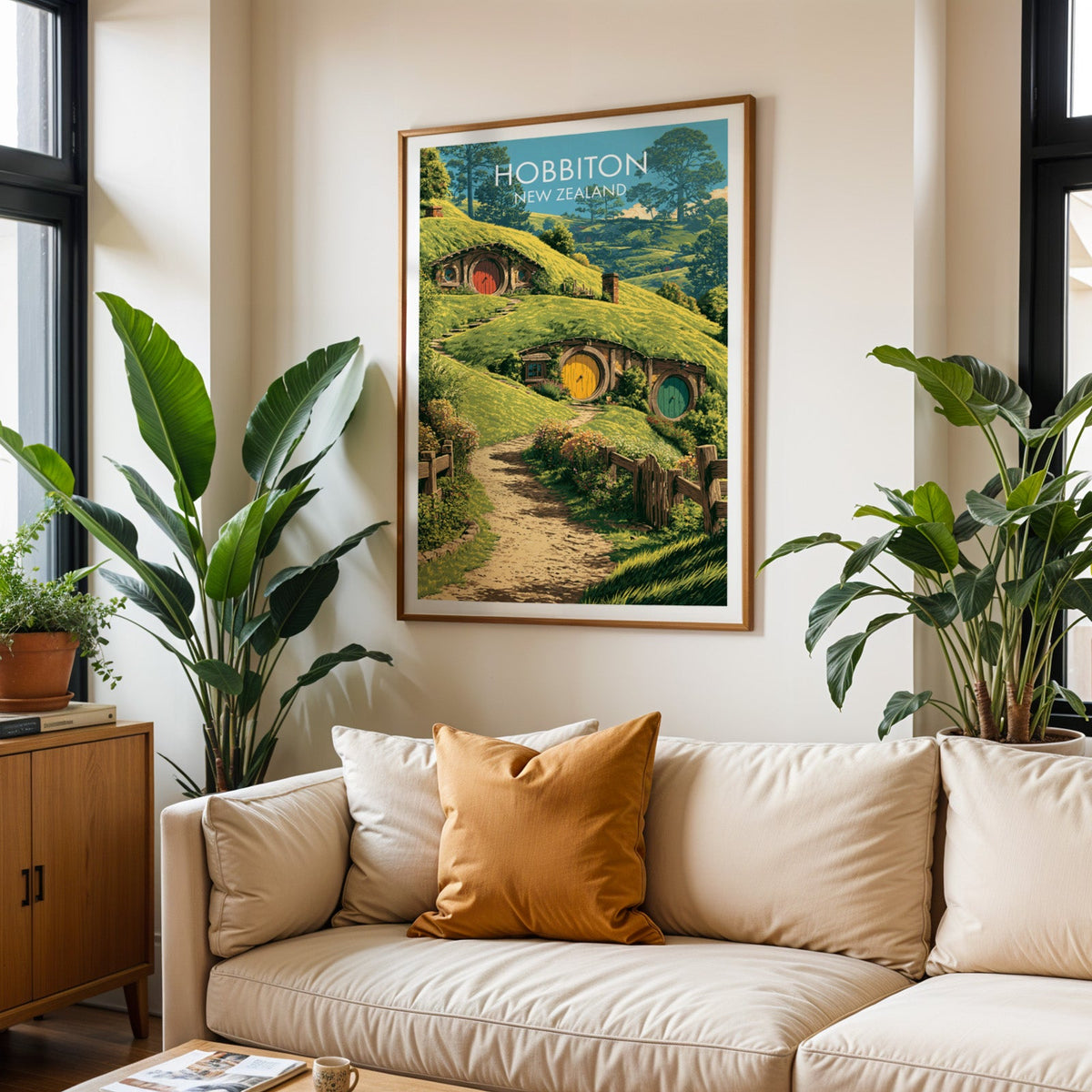 Matamata wall art above a cream sofa with a burnt-orange cushion and two tall tropical plants