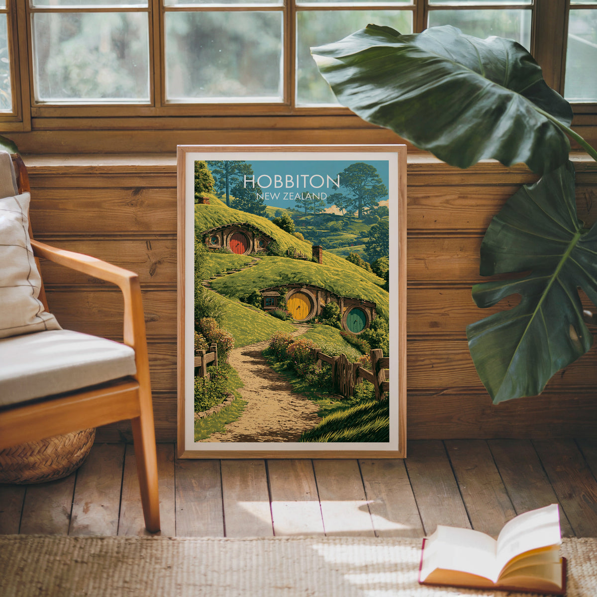 Hillside doorways print leaning on a pine cabin wall beside a wooden armchair, monstera leaf and book