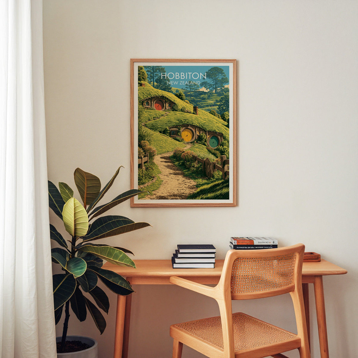 Matamata travel poster above a wooden home-office desk with a cane chair and a rubber plant