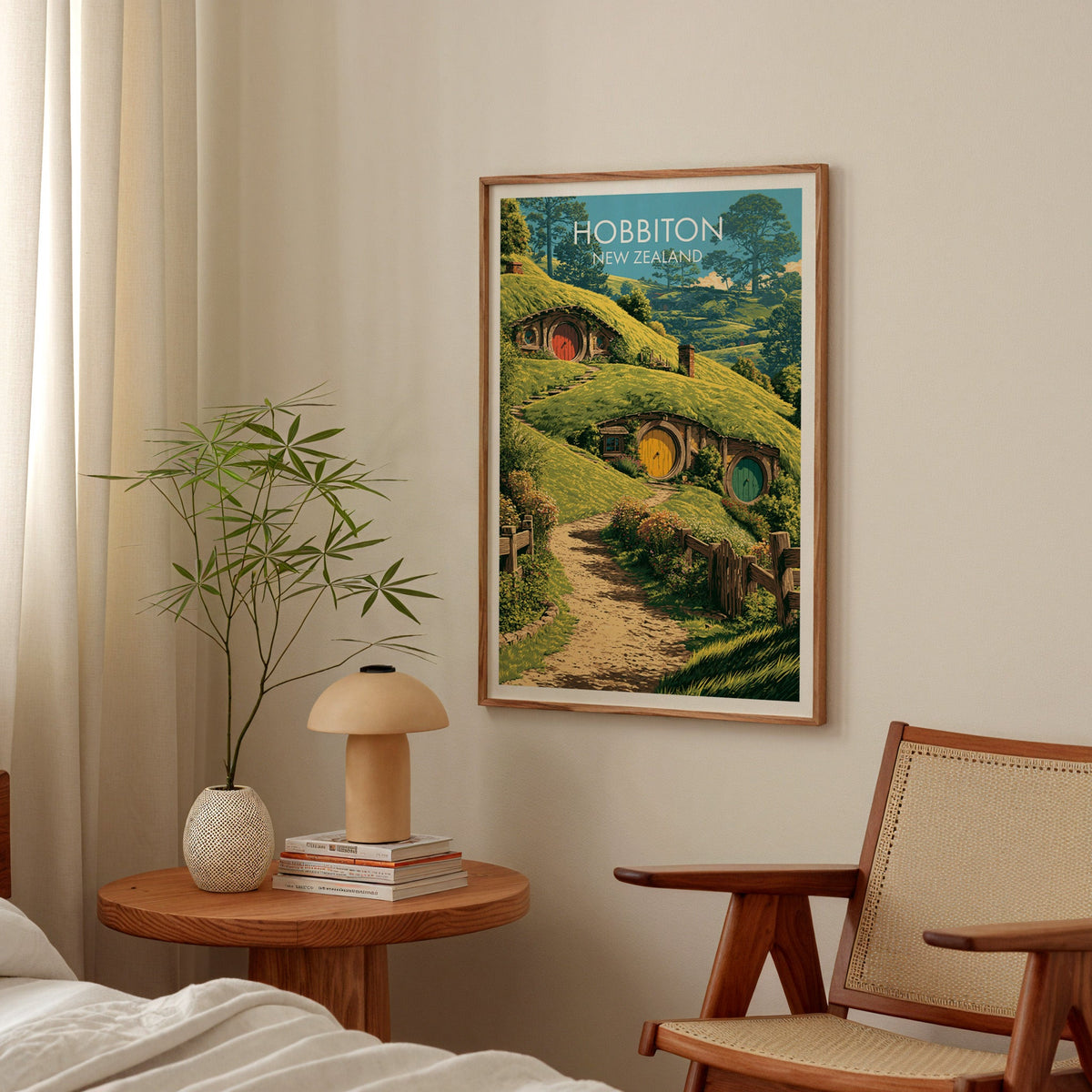 Green hill doorways artwork in a bedroom above a round bedside table with a mushroom lamp and bamboo