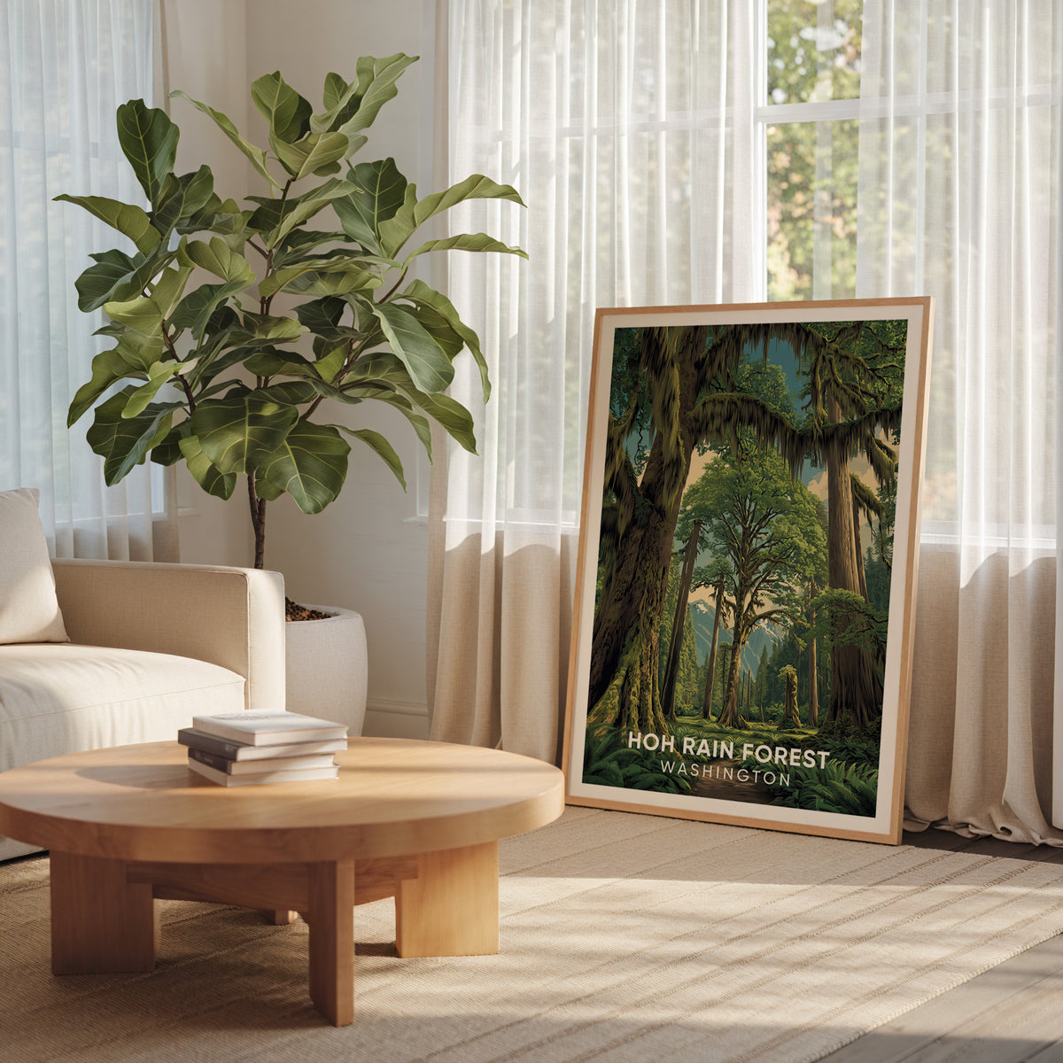 Hoh Rain Forest canvas in oak leaning beside a broad-leaved plant and a round wood table