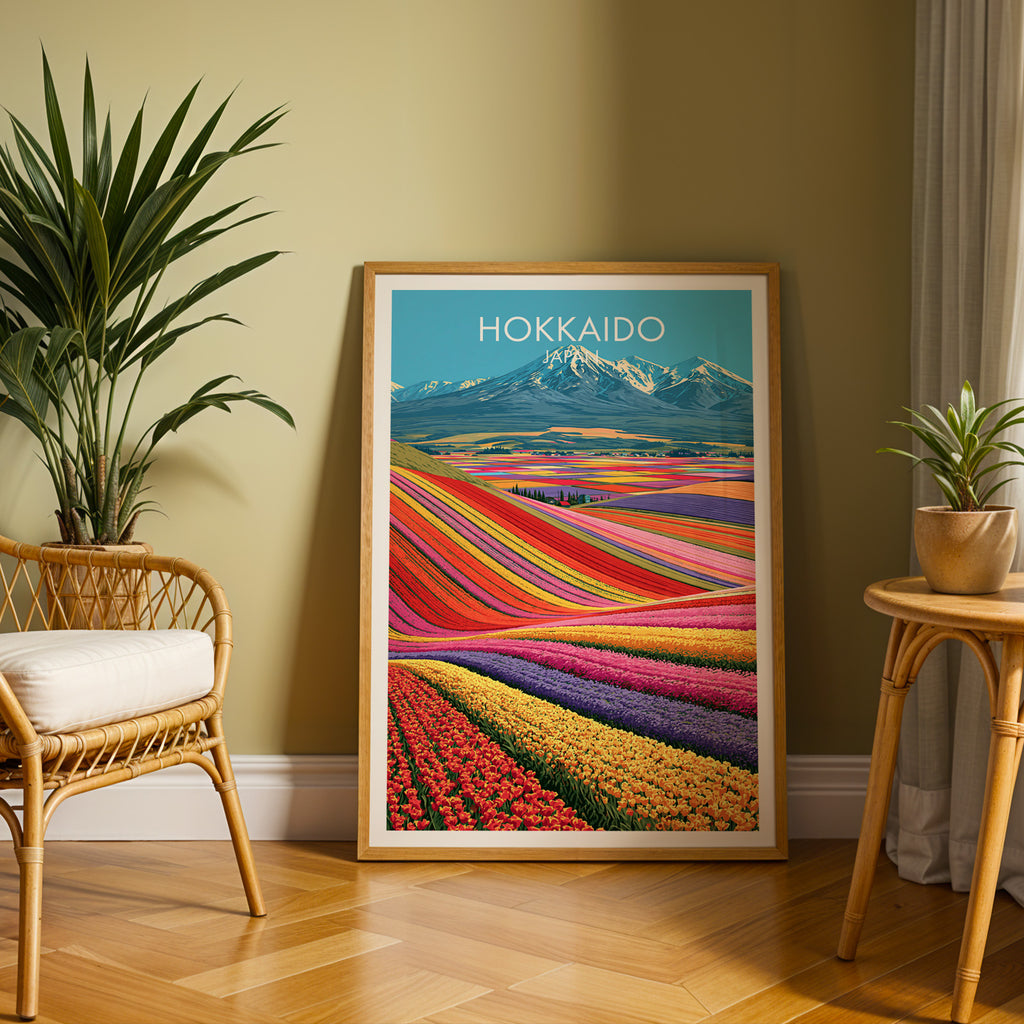 Large Hokkaido Japan travel print in an oak frame leaning on a herringbone floor next to a rattan chair