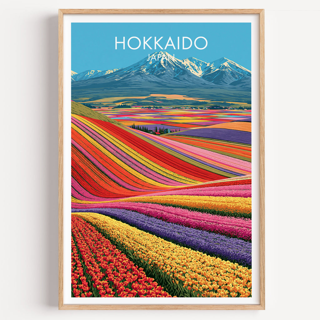 Hokkaido Japan travel poster in a natural wood frame, shown against a clean white wall