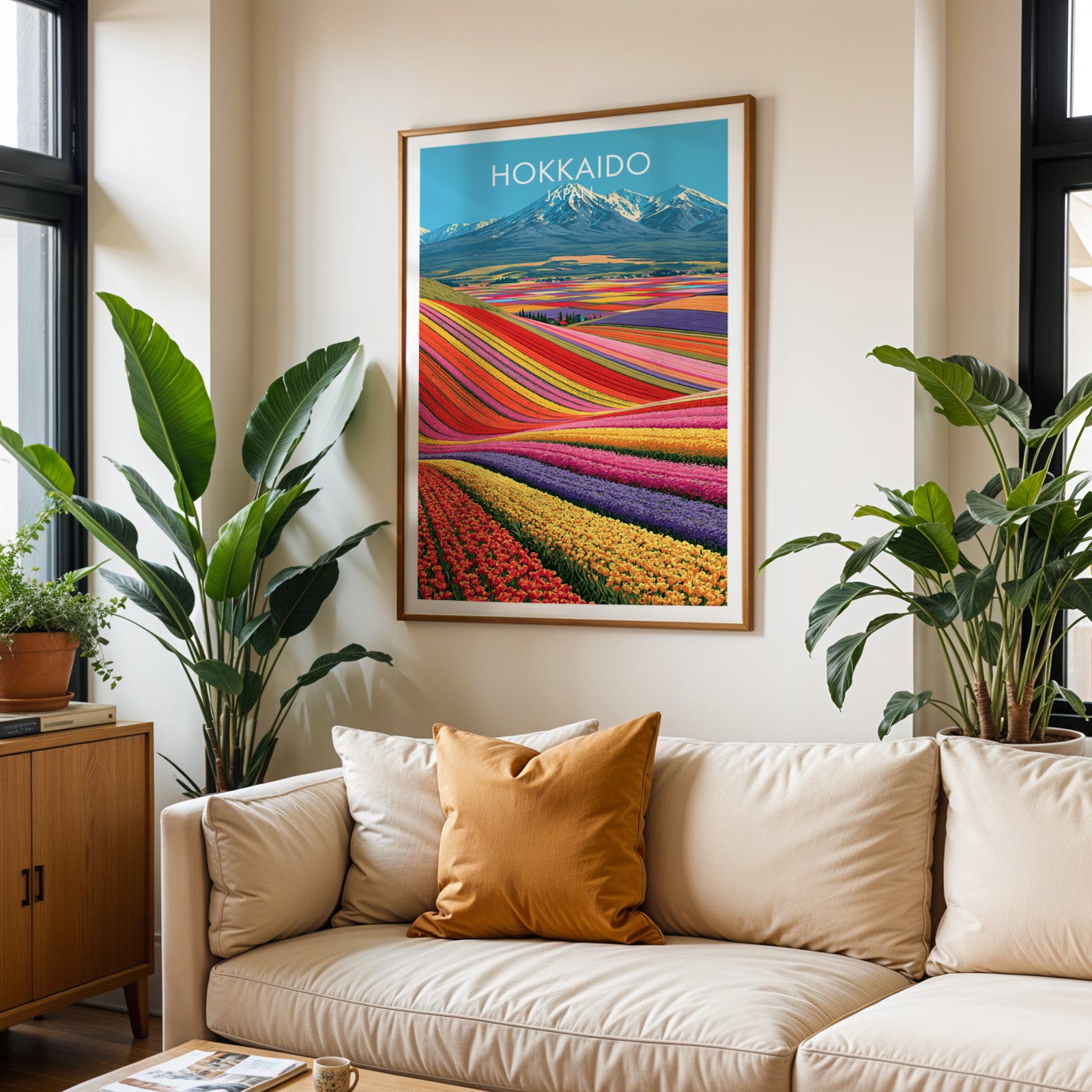 Framed Hokkaido Japan wall art hanging above a cream sofa in a bright living room with tropical plants