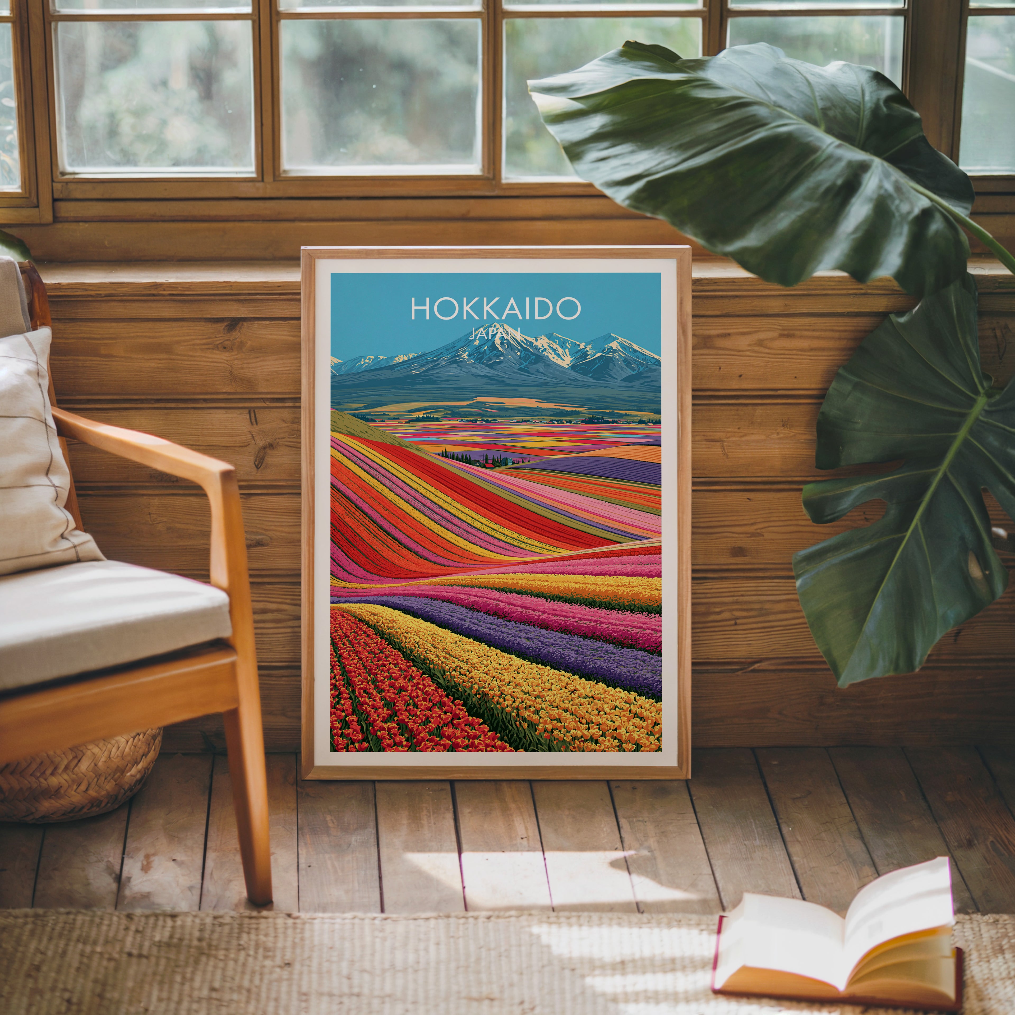 Framed Hokkaido Japan poster leaning against a timber cabin wall with monstera leaves and an open book