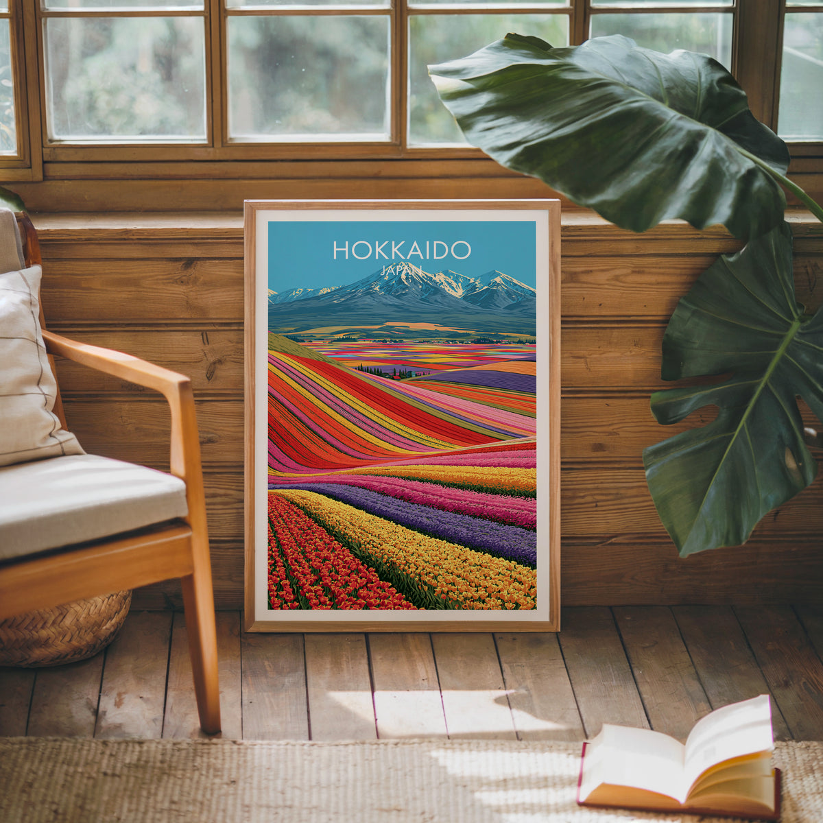 Hokkaido flower field print in an oak frame leaning on a pine cabin wall with a monstera leaf and open book