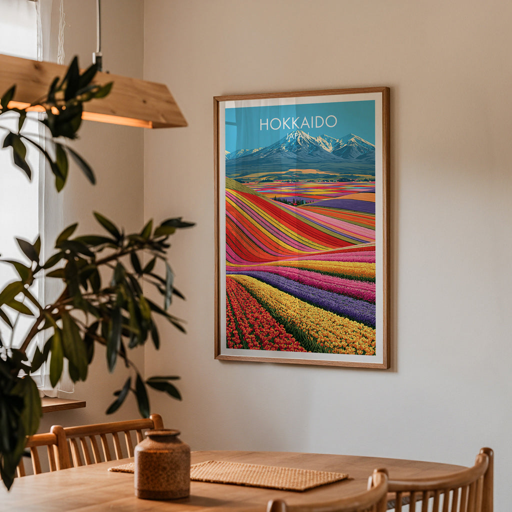 Framed Hokkaido Japan print on a dining room wall above an oak table in warm afternoon light