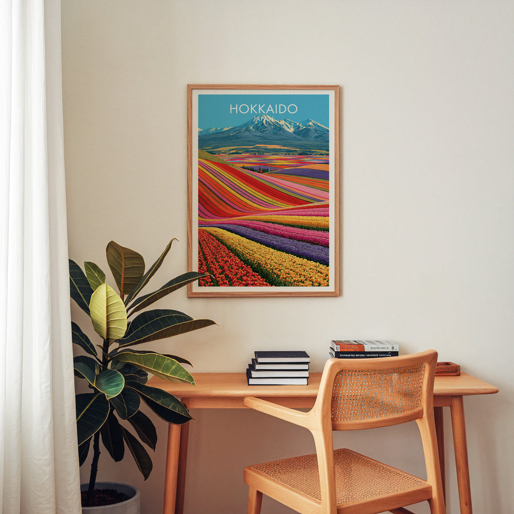 Hokkaido Japan wall art above a wooden home office desk with a rattan chair and books