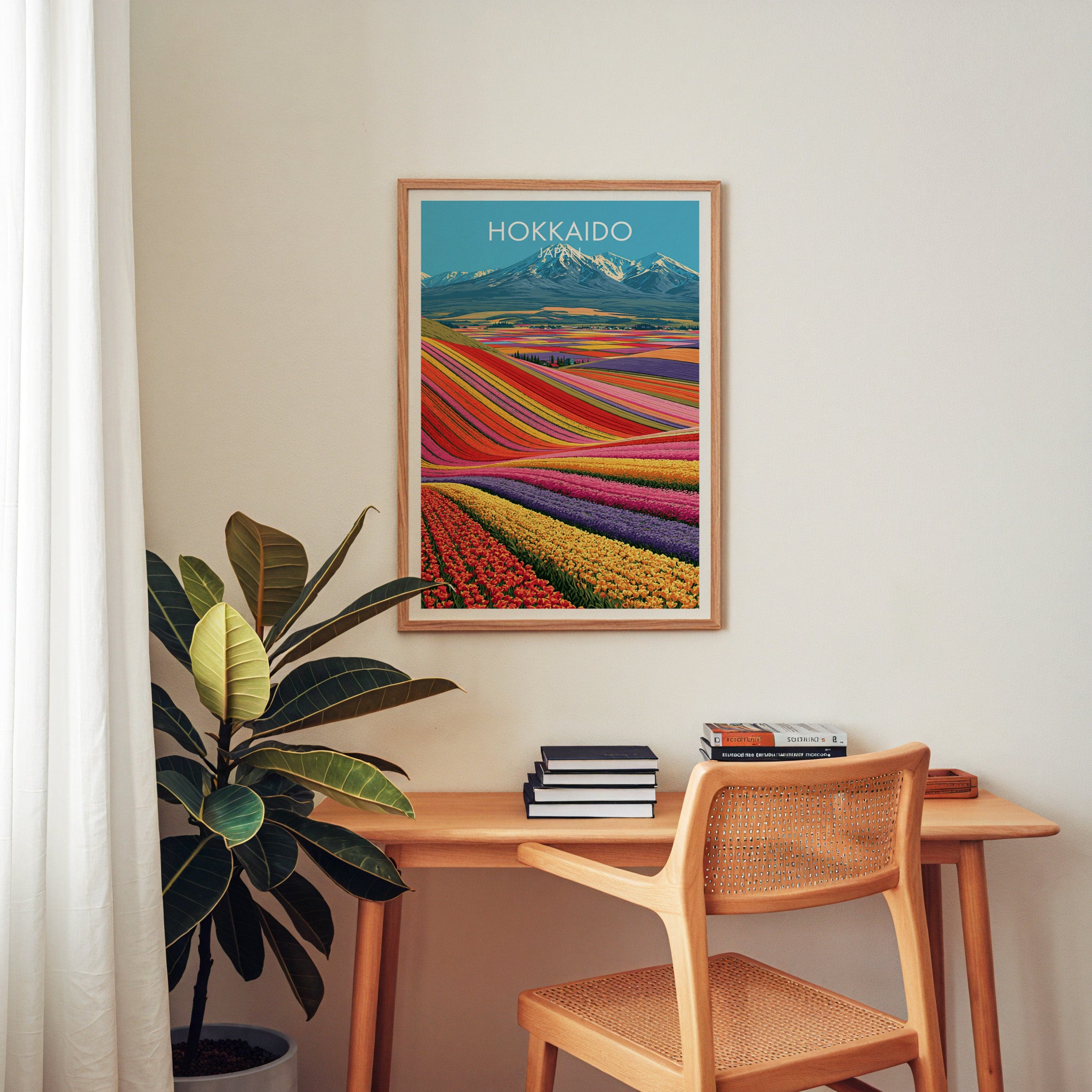 Hokkaido Japan wall art above a wooden home office desk with a rattan chair and books