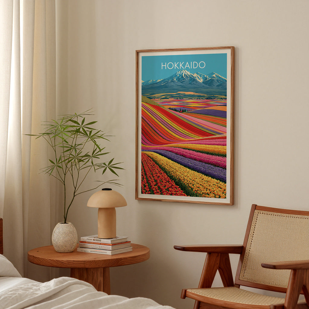 Hokkaido Japan poster above a bedroom nightstand with a bamboo plant and mushroom lamp