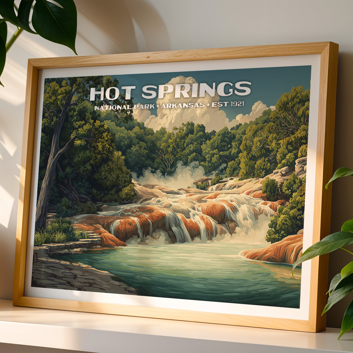 Hot Springs National Park wall art print in a light oak frame, leaning on a white shelf in warm sunlight beside a monstera plant
