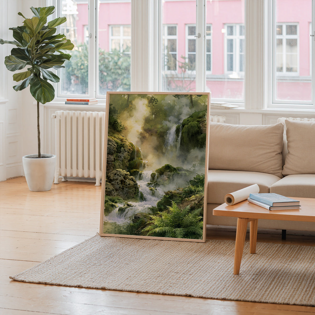 Hot Springs National Park watercolor art print leaning against a living room wall beside a linen sofa and coffee table