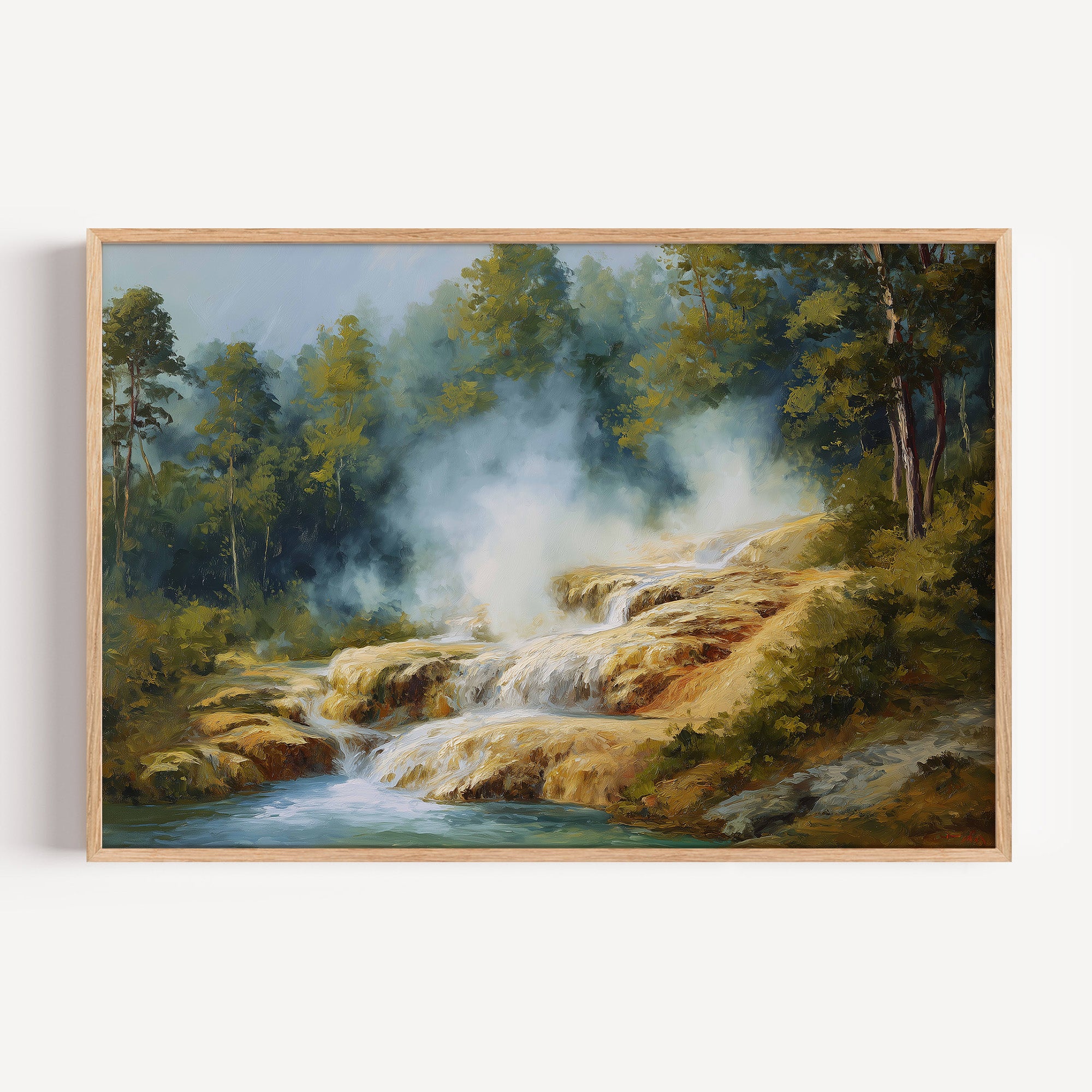 Hot Springs National Park oil painting print in an oak frame: steaming travertine terraces in forest
