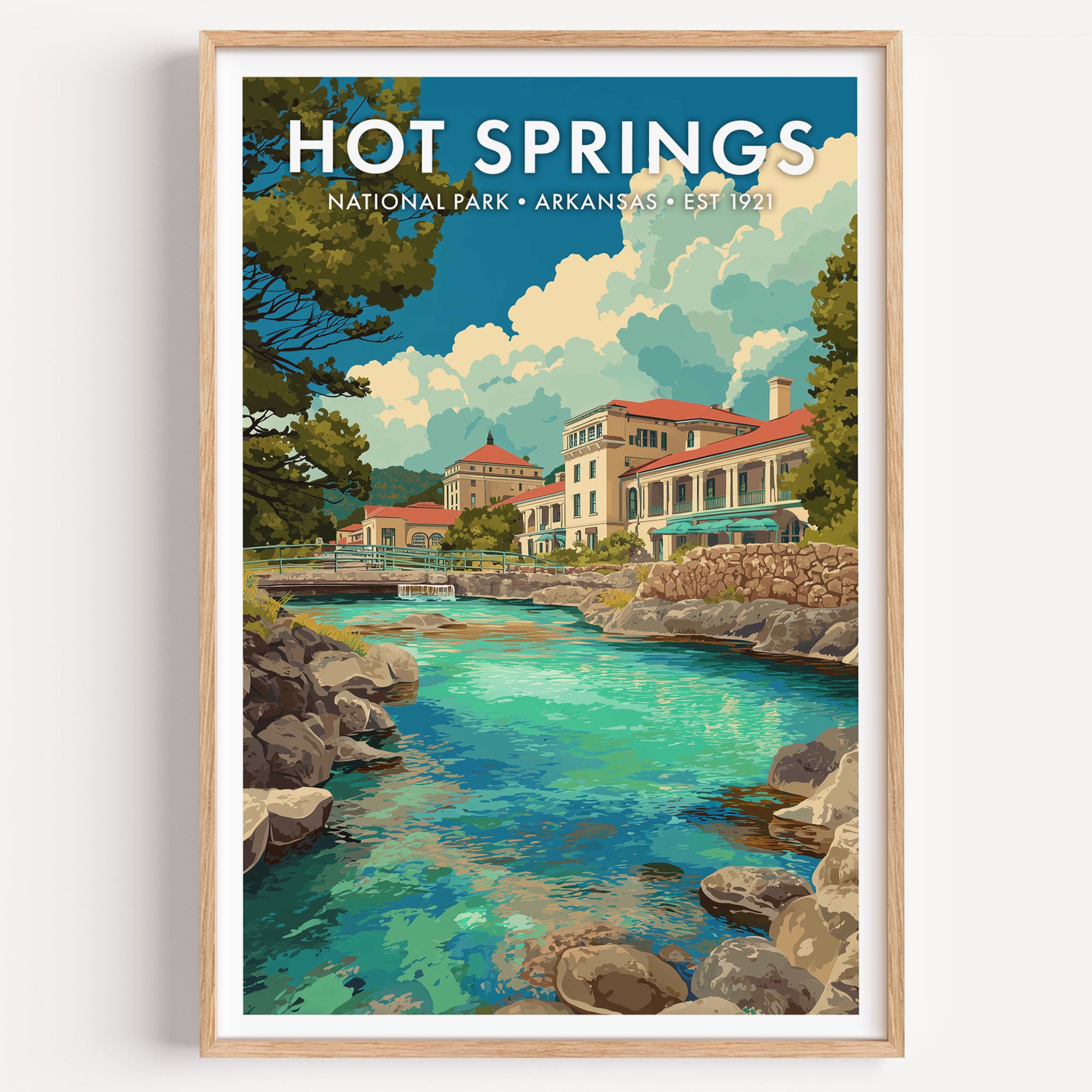 Hot Springs National Park mid-century modern art print — the grand facades of Bathhouse Row above a turquoise thermal creek