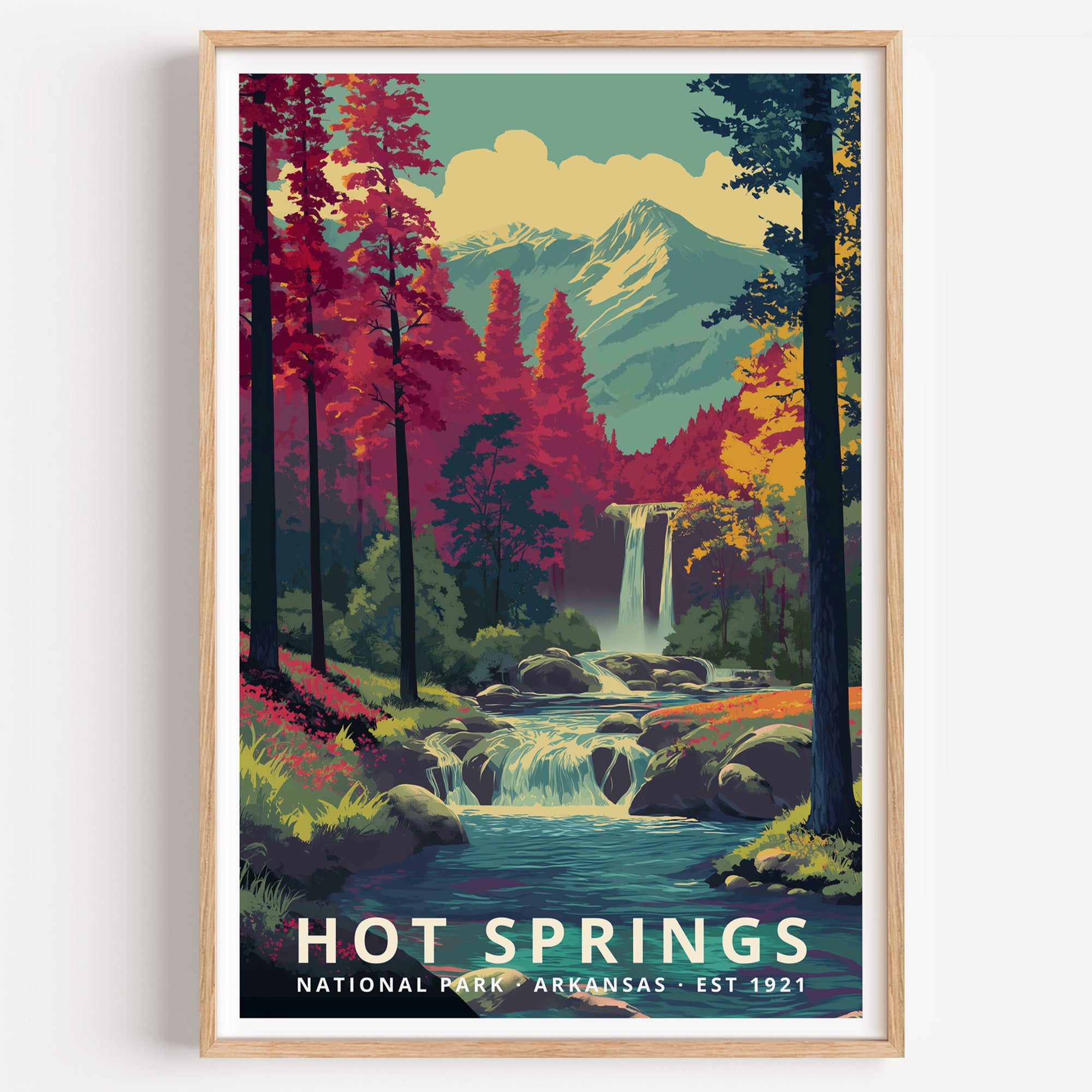 Hot Springs National Park retro travel poster — a thermal creek and cascade running through red and gold Ouachita forest, Arkansas