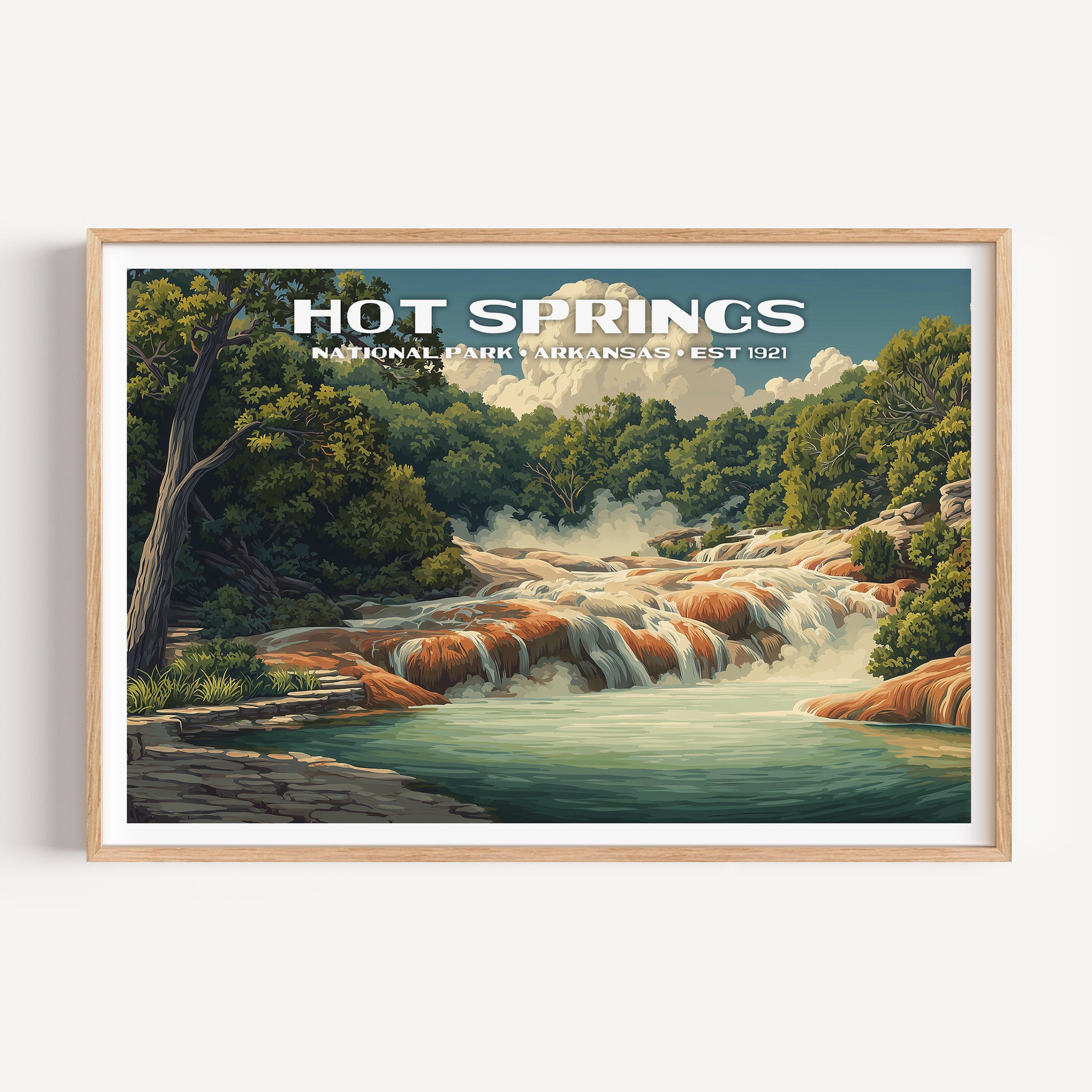 Steaming thermal water spilling over orange travertine terraces into a green pool — Hot Springs National Park vintage WPA travel poster print