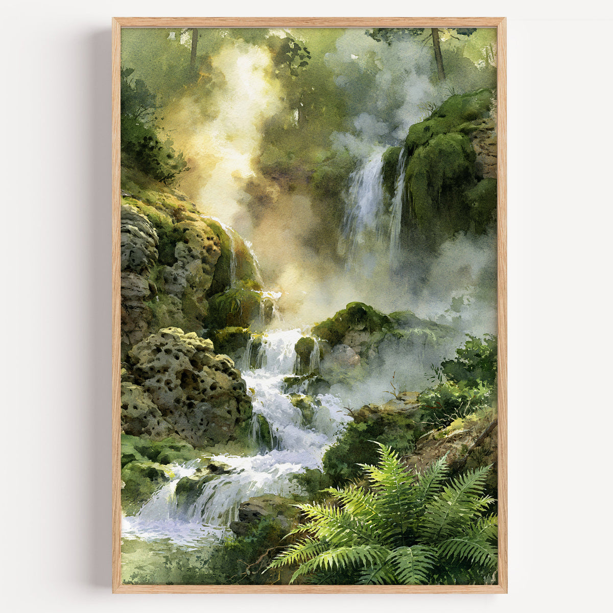 Hot Springs National Park watercolor art print: steaming thermal cascades over moss-covered tufa and ferns