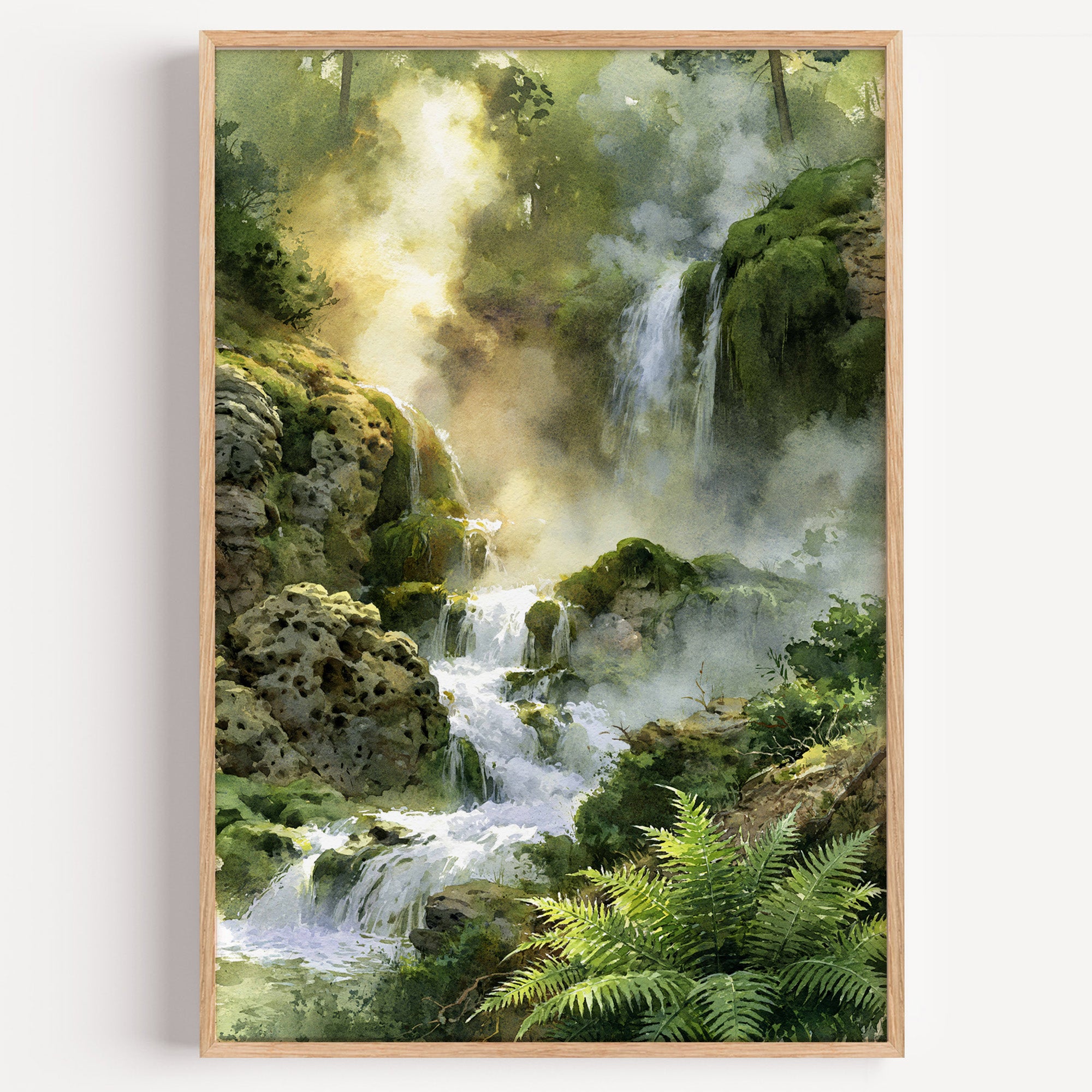 Hot Springs National Park watercolor art print: steaming thermal cascades over moss-covered tufa and ferns