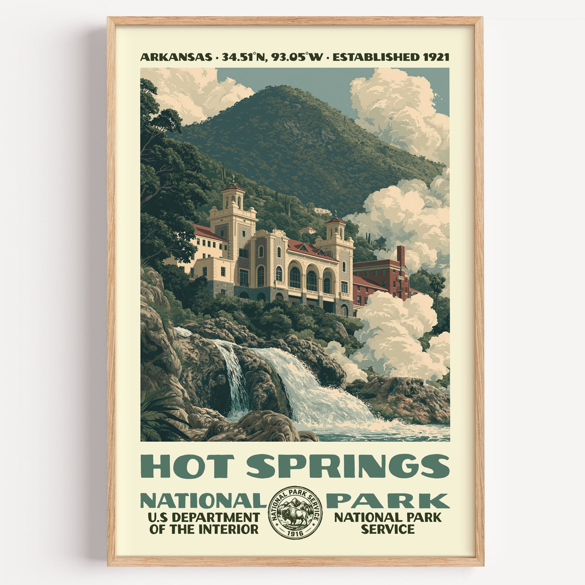Hot Springs National Park vintage WPA poster in a wood frame, Bathhouse Row wrapped in thermal steam