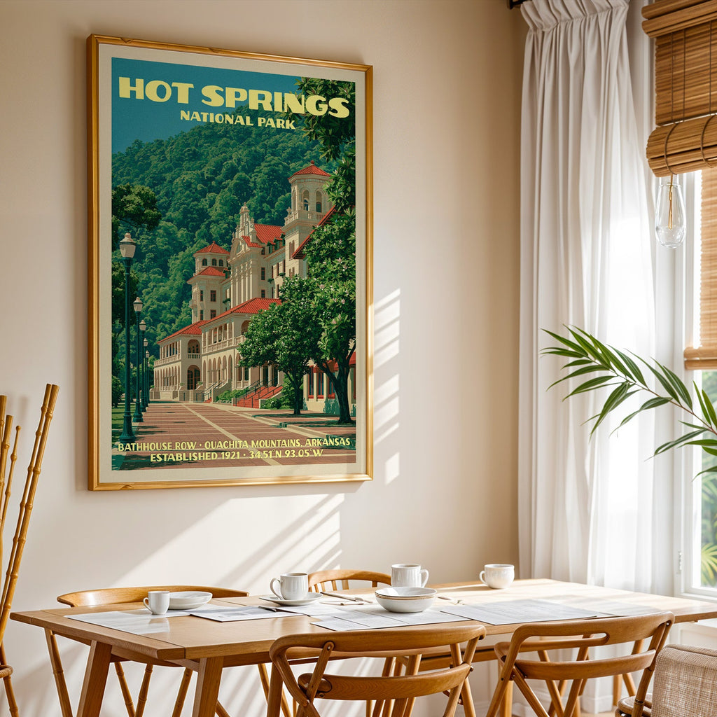 Hot Springs National Park print in a gold frame above a light oak dining table by a curtained window