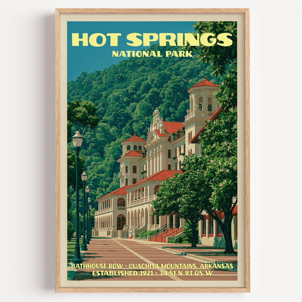 Bathhouse Row Hot Springs National Park vintage poster in a light oak frame on a plain white wall