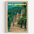 Bathhouse Row Hot Springs National Park vintage poster in a light oak frame on a plain white wall