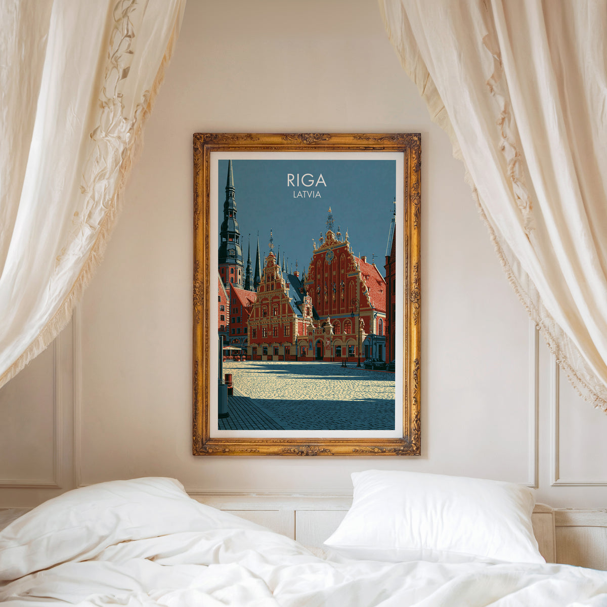 House of the Blackheads poster, ornate gold frame above a white bed with linen canopy curtains