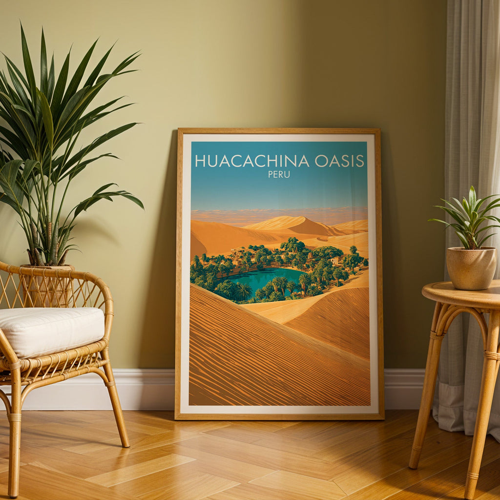 Oasis palms travel print in an oak frame on a herringbone floor by an olive wall, rattan chair and palm