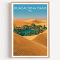 Huacachina Oasis travel poster with a turquoise lagoon and amber dunes in a light oak frame on a white wall