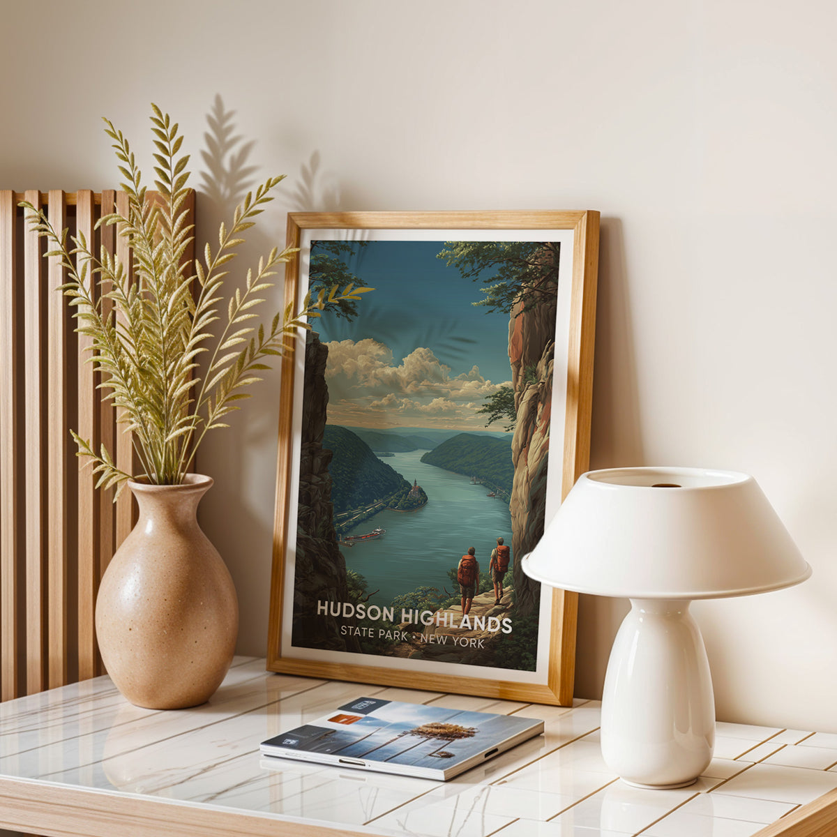 Cliff ledge river print in oak on a stone table with a mushroom lamp and dried leaves