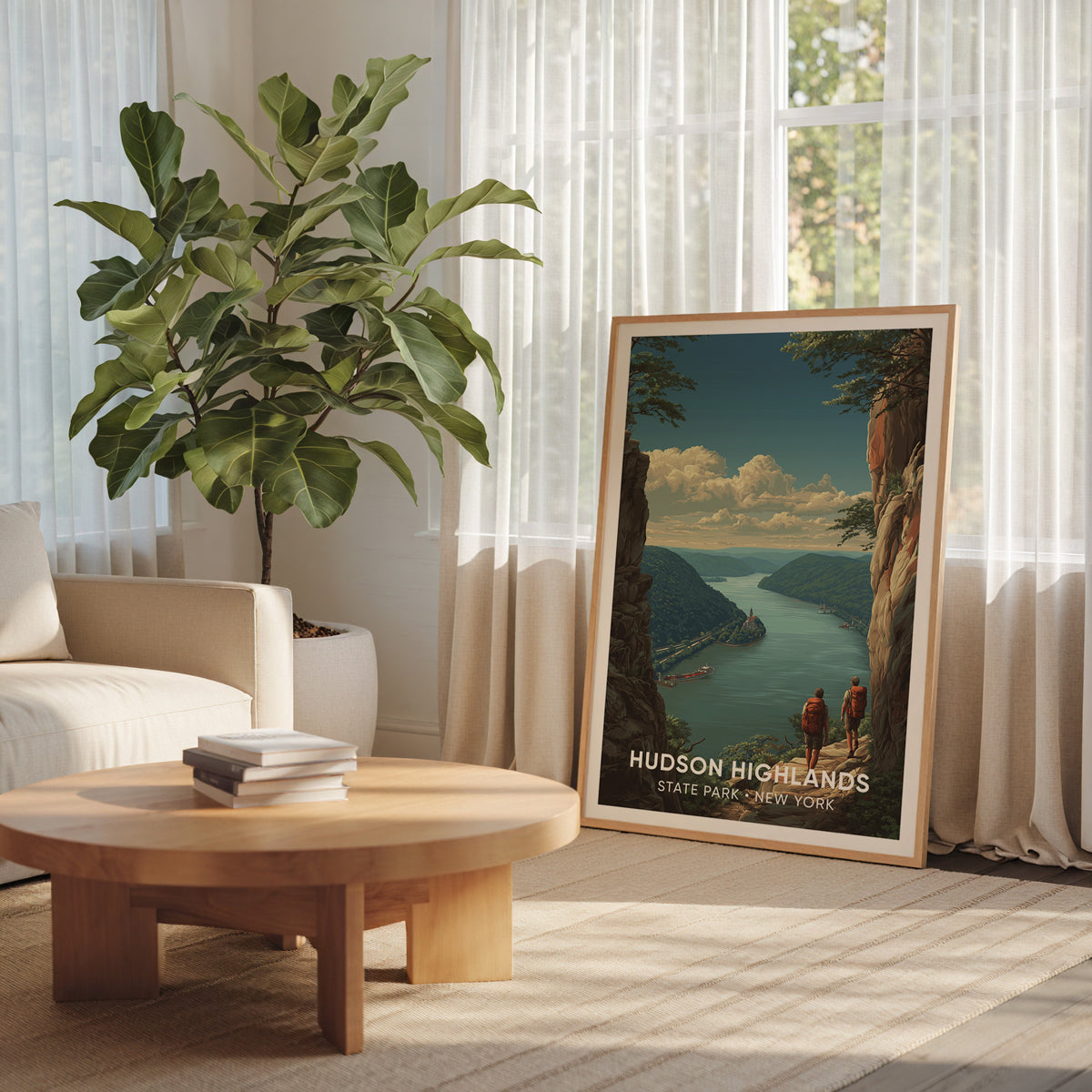 Hudson Highlands canvas in oak leaning beside a large leafy plant and a round wood table