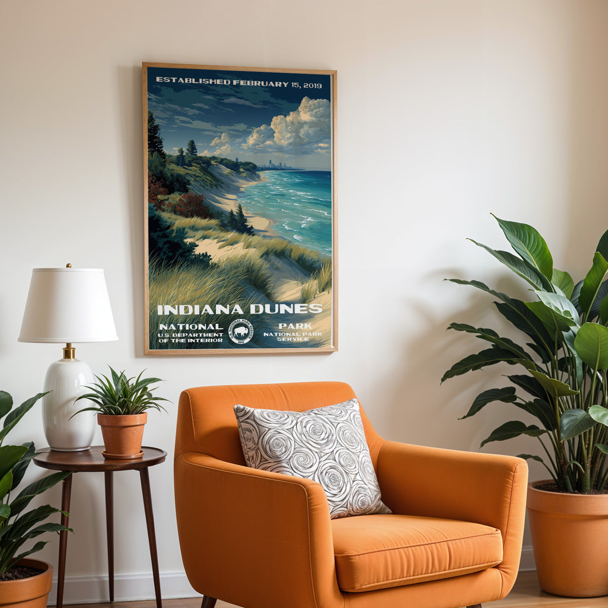 Indiana Dunes National Park vintage print hung above a burnt-orange armchair and side table
