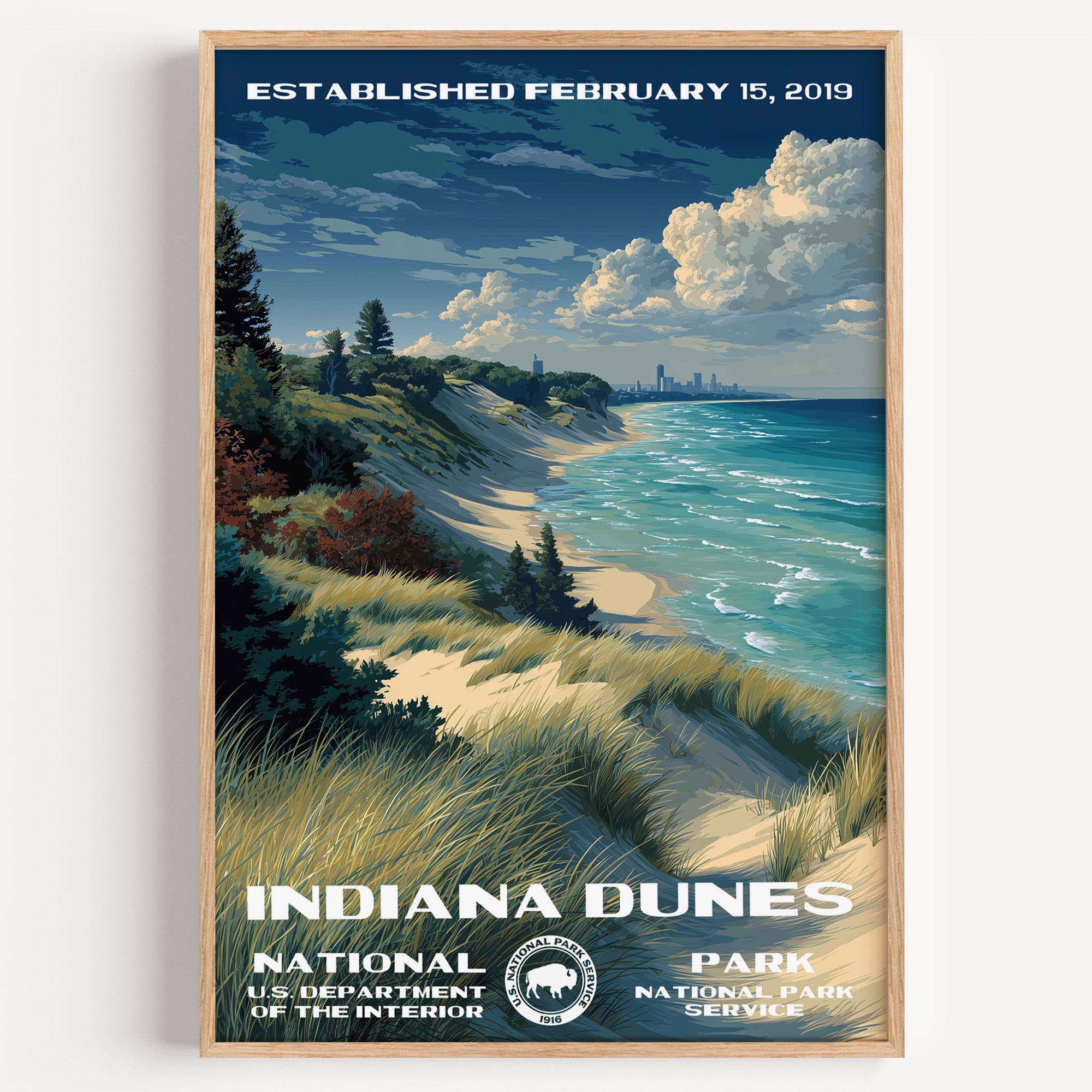 Indiana Dunes National Park vintage travel poster in a wood frame, dune grass and shoreline with the Chicago skyline