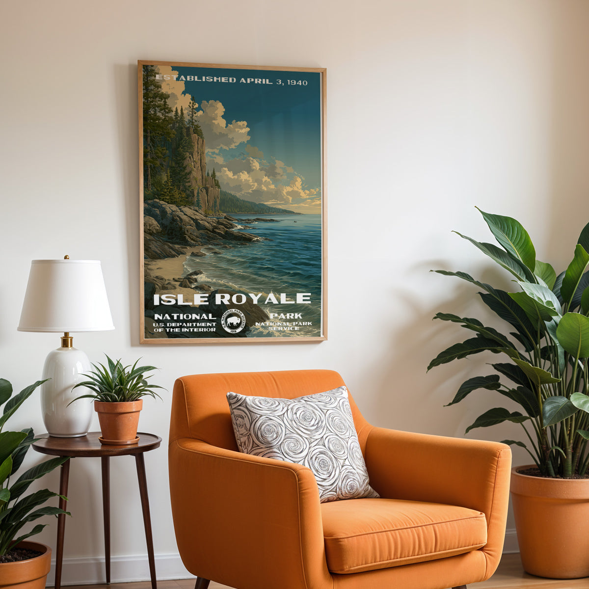 Isle Royale National Park vintage print hung above a burnt-orange armchair and side table
