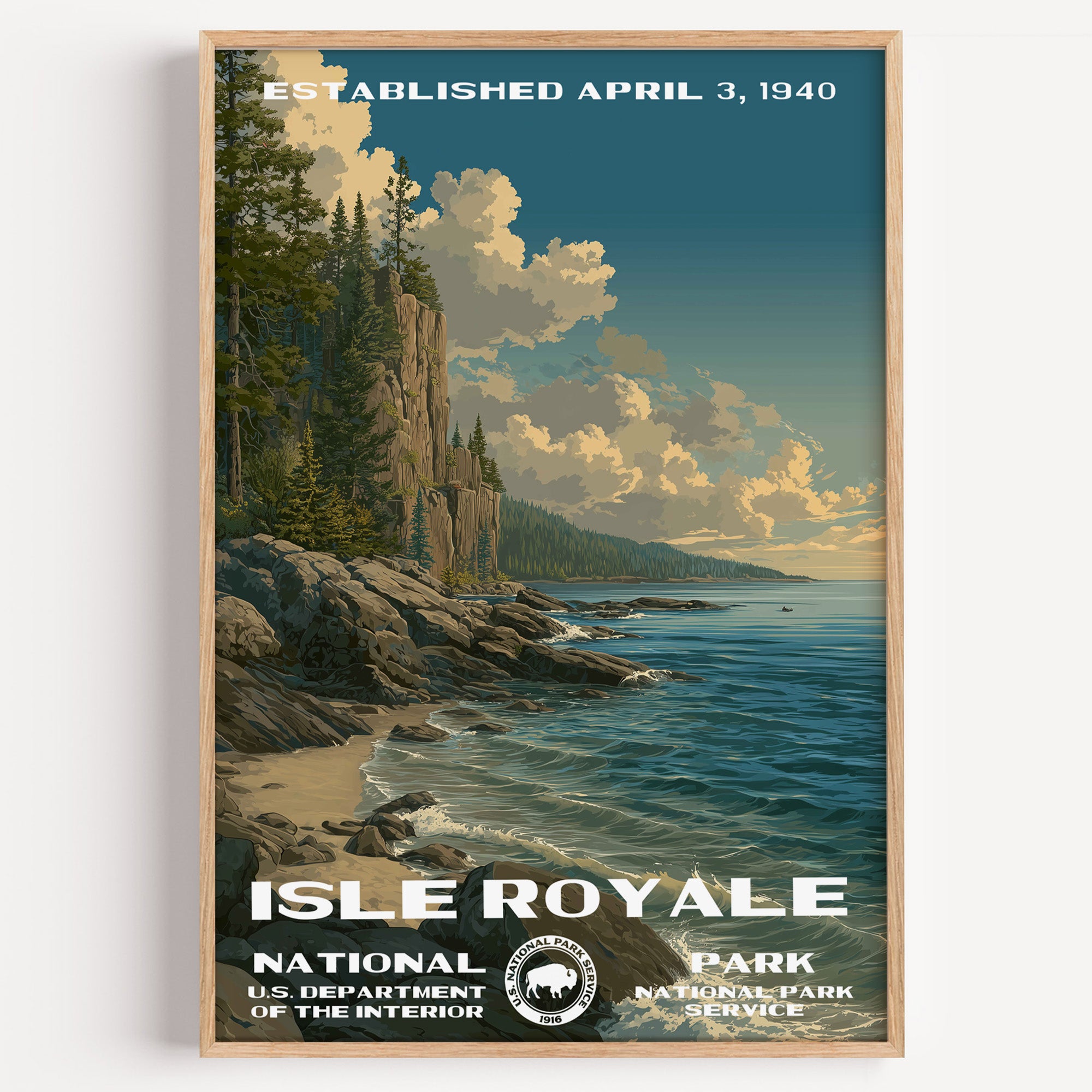Isle Royale National Park vintage travel poster in a wood frame, a rocky Lake Superior shoreline lined with pines at golden