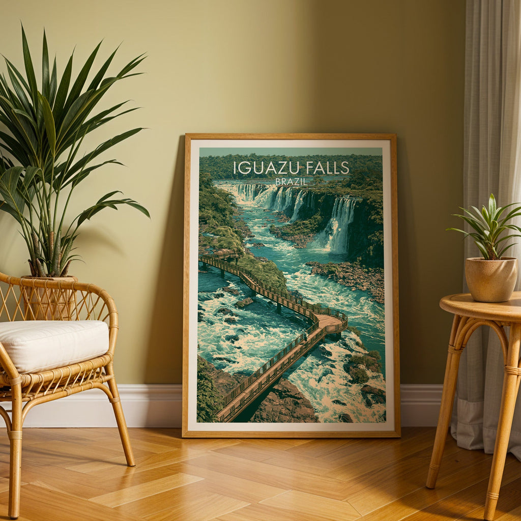 Waterfall boardwalk travel print in an oak frame on herringbone floor by an olive wall and rattan chair