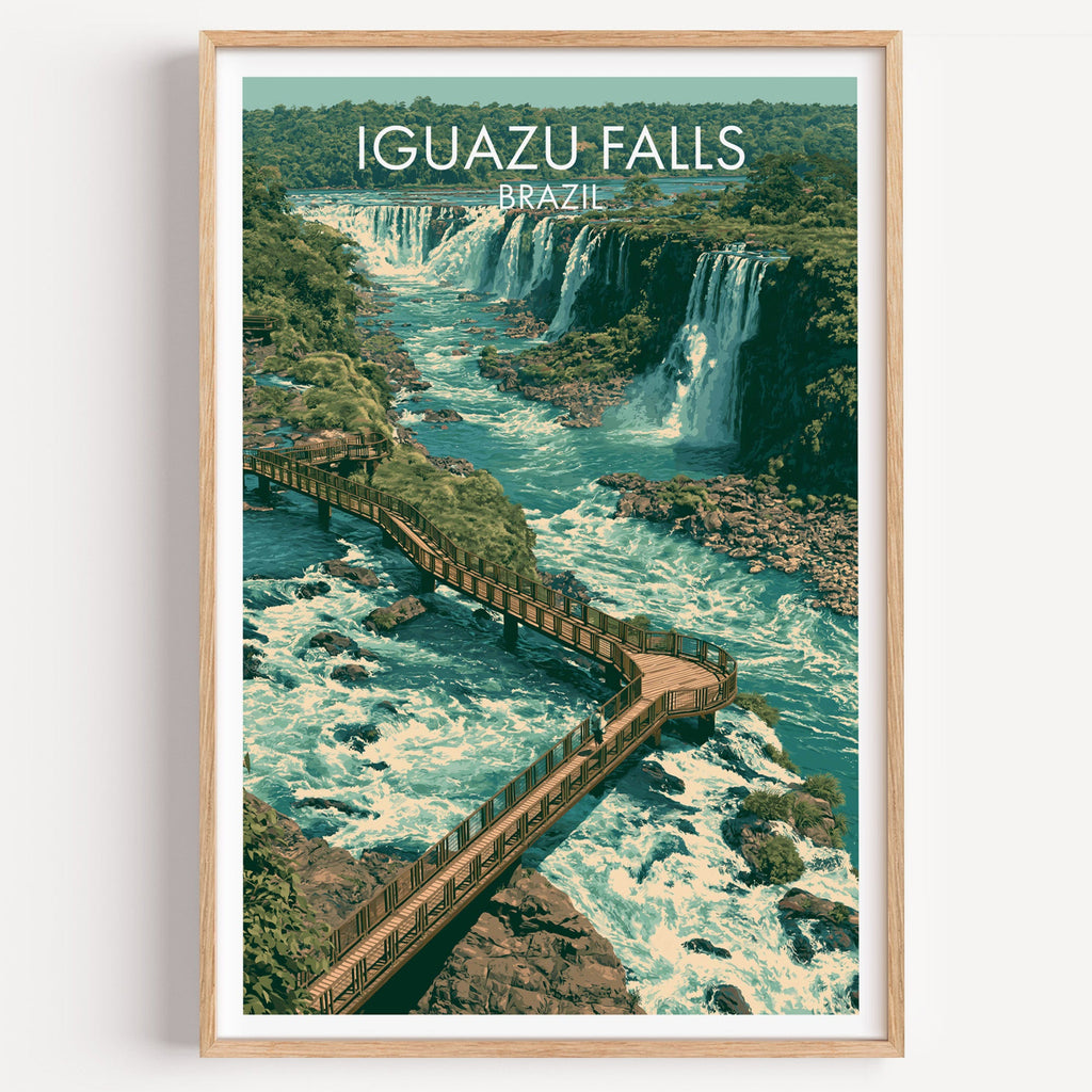 Iguazu Falls travel poster in a light oak frame on a plain white wall