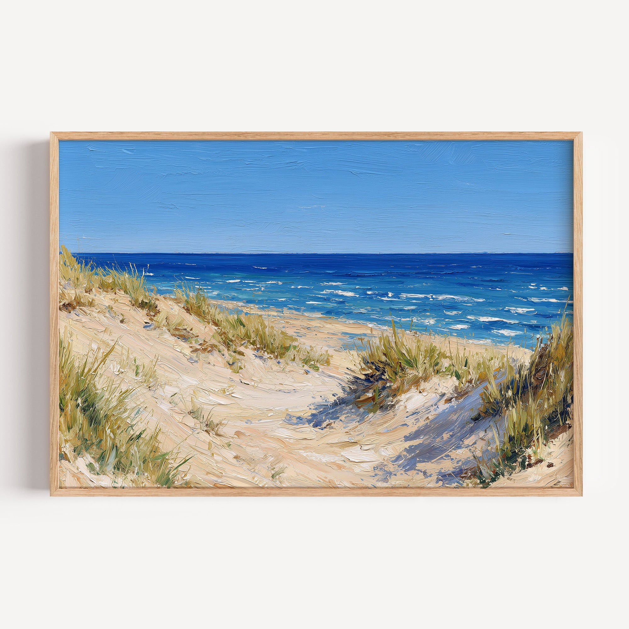 Indiana Dunes National Park oil painting print in an oak frame: a dune above blue Lake Michigan