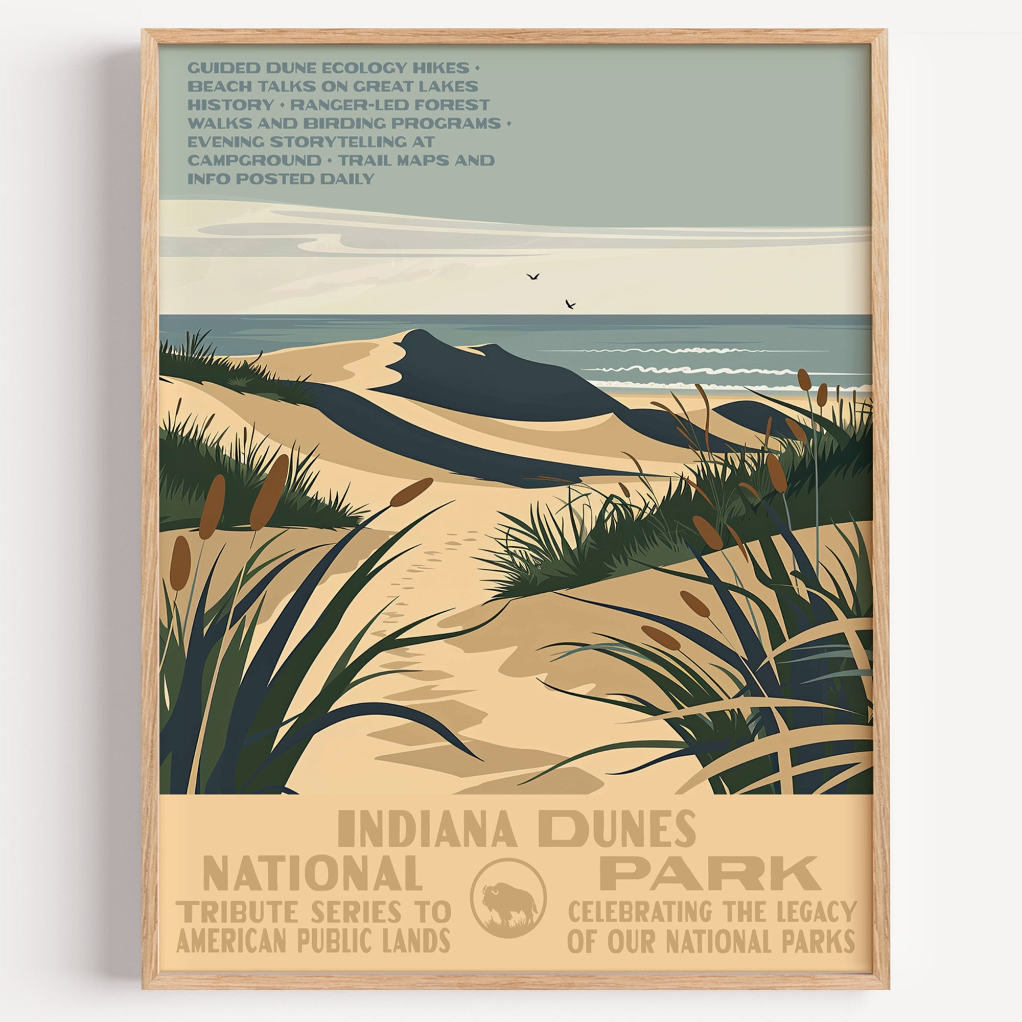 Indiana Dunes National Park wall art print in a thin wood frame, a tall dune and beach grass along the Lake Michigan shore