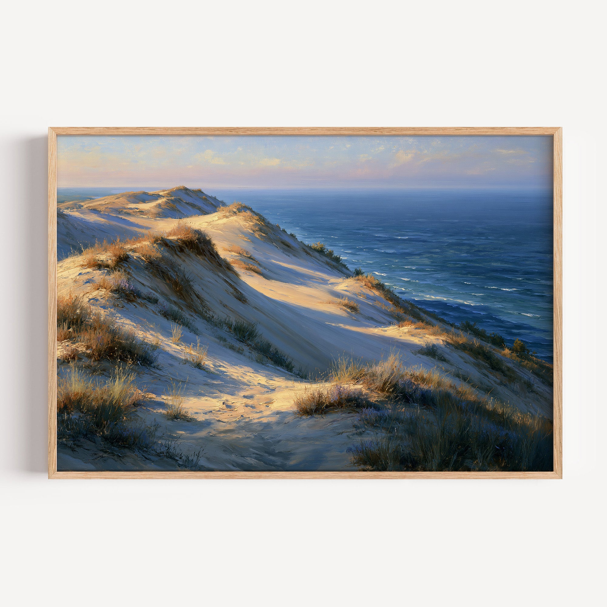 Indiana Dunes classical oil painting print in an oak frame: a dune ridge above Lake Michigan