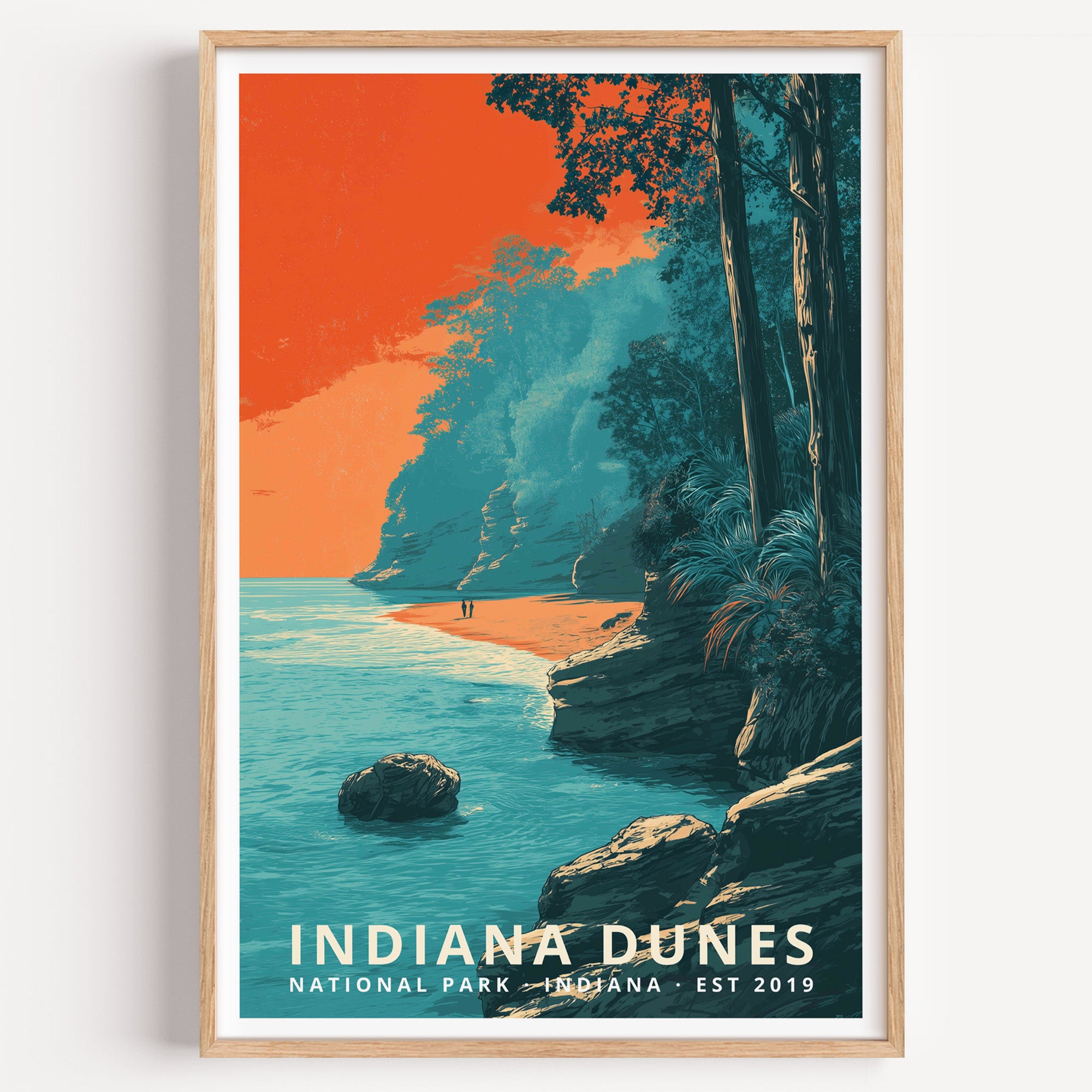 Indiana Dunes National Park retro travel poster — a wooded dune bluff dropping to a beach on Lake Michigan, Indiana
