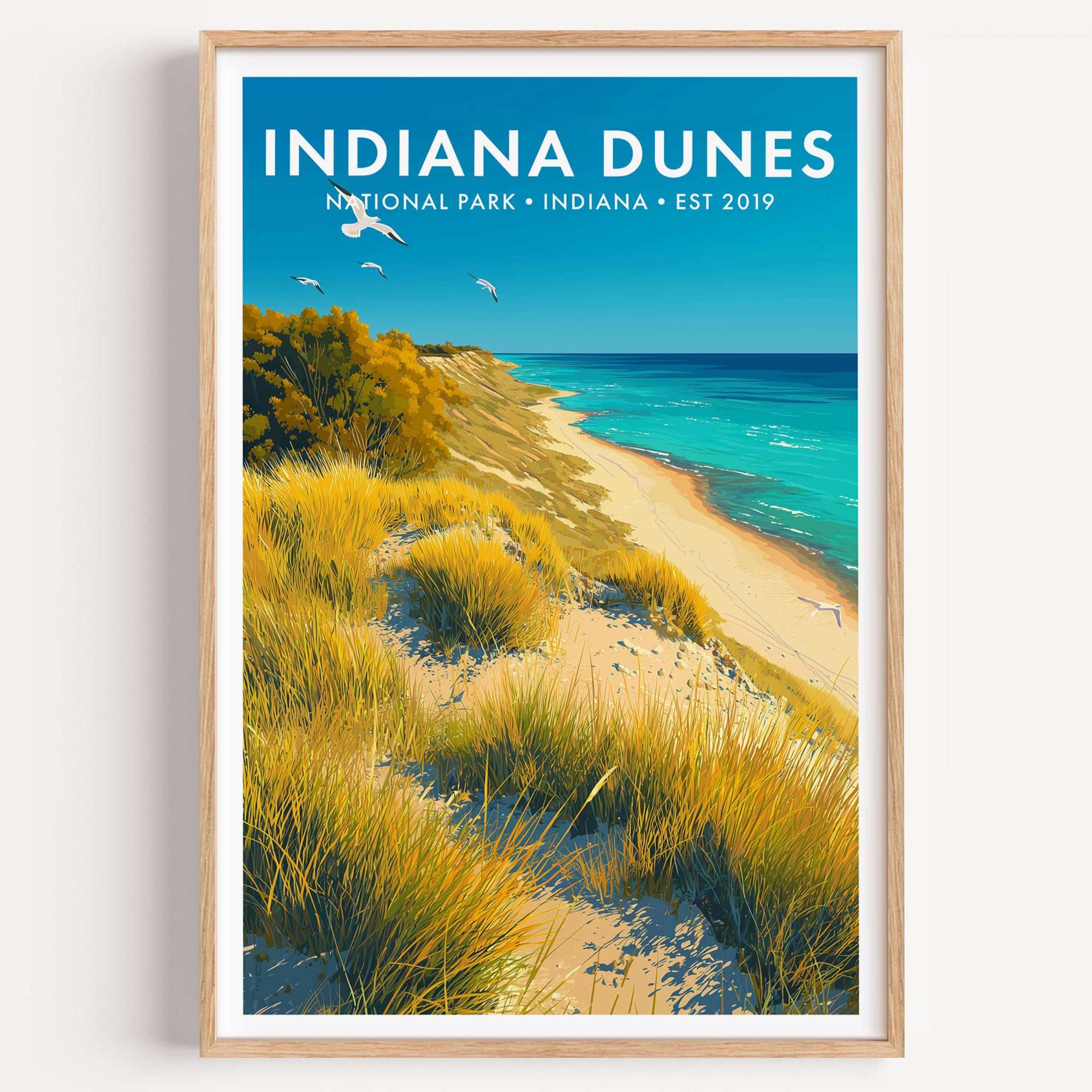 Indiana Dunes National Park mid-century modern art print — marram grass combing over a dune crest above Lake Michigan