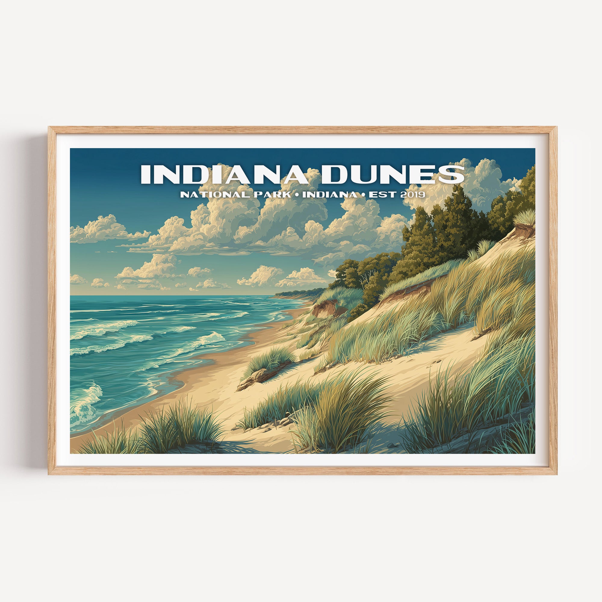 Marram grass on a Lake Michigan dune above a long curving surf-lined beach — Indiana Dunes National Park vintage WPA travel poster print
