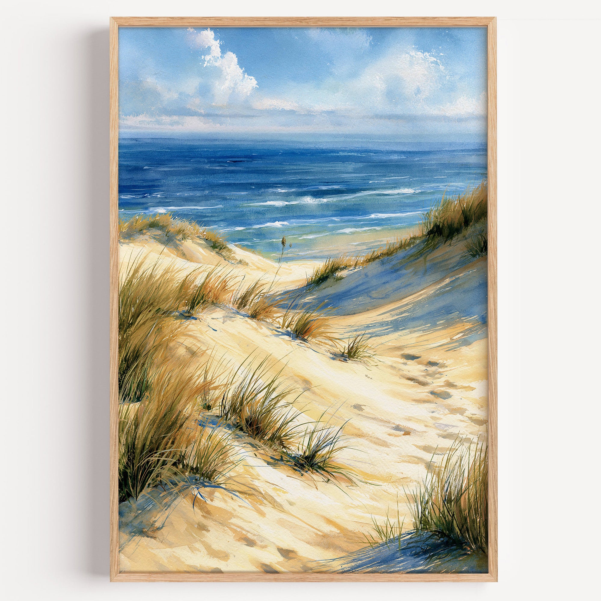 Indiana Dunes National Park watercolor art print: sand dune with marram grass above the blue water of Lake Michigan