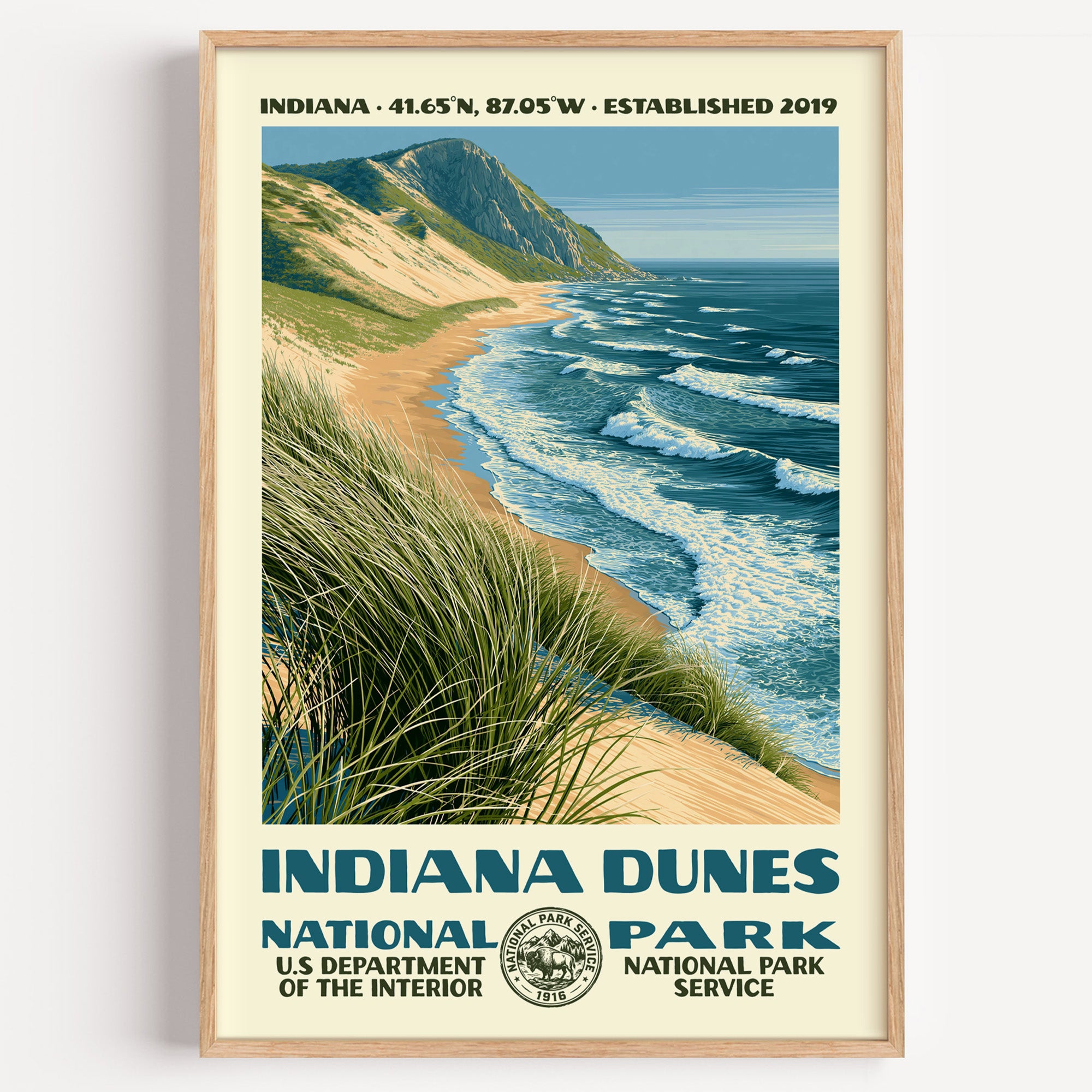 Indiana Dunes National Park vintage WPA poster in a wood frame, marram grass on a dune above the Lake Michigan shoreline